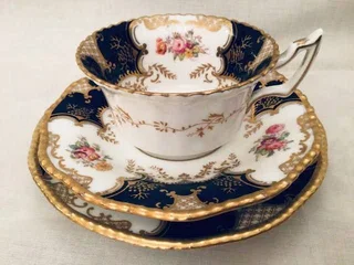 Antique Coalport Batwing Trio in Cobalt Blue, Cup, Saucer, Plate