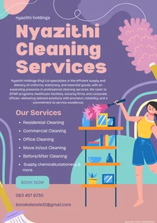 Cleaning services and supply and delivery of cleaning chemicals, office and school stationery