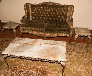 Two two seater couches two chairs coffee table and two side tables marble top and lamp pristine