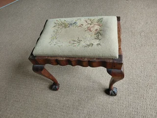 Georgian-style Stinkwood tapestry upholstered stool with cabriole legs and claw and ball feet