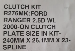 Clutch kit For Ford Ranger 2.5D / Mazda B2600i (Excl thrust bearing)