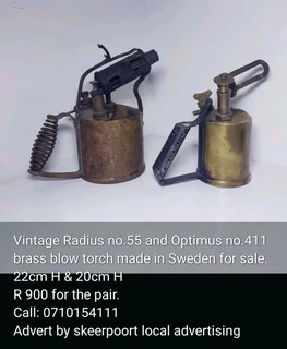 Vintage Radius no55 and Optimus no411  brass blow torches made in Sweden for sale