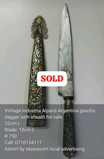 Vintage Industria Alpaca Argentina gaucho dagger with sheath for sale.32cm LBlade: 18cm L