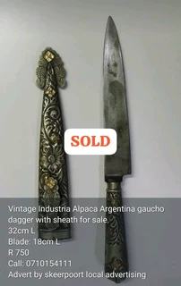Vintage Industria Alpaca Argentina gaucho dagger with sheath for sale.32cm LBlade: 18cm L