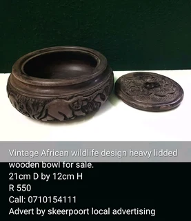 Vintage African wildlife design heavy lidded wooden bowl for sale