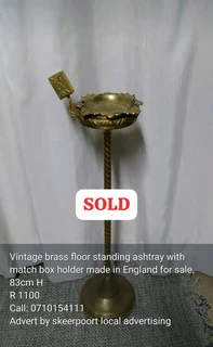 Vintage brass floor standing ashtray with match box holder for sale