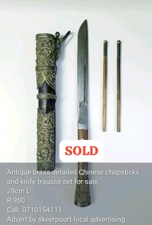 Antique brass detailed Chinese chopsticks and knife trousse set for sale.