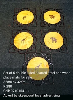 Set of 5 double sided charred steel and wood place mats for sale.