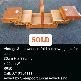 Vintage 3 tier wooden fold out sewing box for sale
