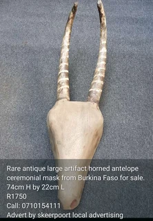 Rare antique large artifact horned antelope ceremonial mask from Burkina Faso for sale