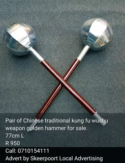 Pair of Chinese traditional kung fu washu weapon golden hammer for sale.
