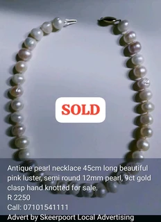 Antique pearl necklace 45cm Long beautiful pink luster,semi round 12mm,9ct gold clasp for sale.