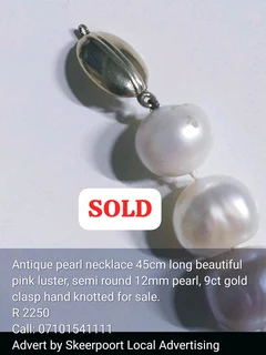 Antique pearl necklace 45cm Long beautiful pink luster,semi round 12mm,9ct gold clasp for sale.