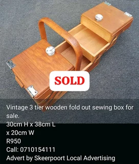 Vintage 3 tier wooden fold out sewing box for sale.