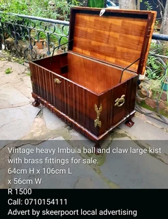 Vintage Imbuia ball and claw large kist with brass fittings for sale