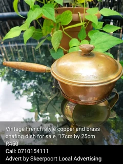 Vintage French style copper and brass chafing dish for sale.