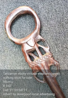 Tarzanian ebony vintage elephant carved walking stick for sale