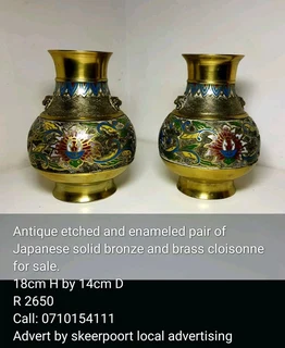 Antique etched and enameled pair of Japanese solod bronze and brass cloisonne for sale.