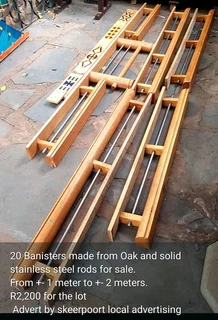 20x Banisters made from oak and solid stainless steel rods for sale.