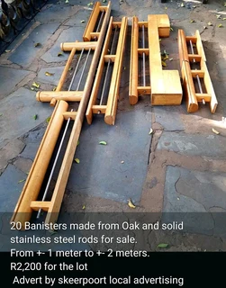 20x Banisters made from oak and solid stainless steel rods for sale.