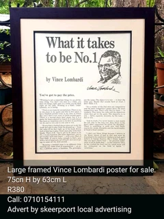 Large framed Vince Lombardi poster for sale.