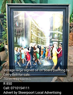 Vintage large signed oil on board painting by Gerry Bell for sale