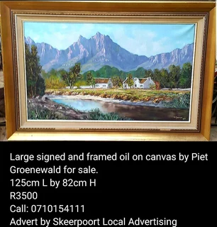 Large signed and framed oil on canvas by Piet Groenewald for sale.