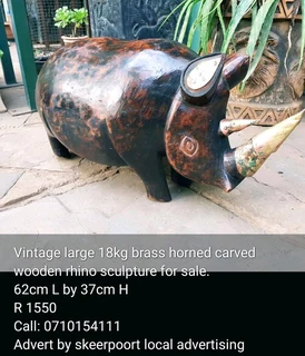 18kg heavy vintage brass horned wooden rhino sculpture for sale