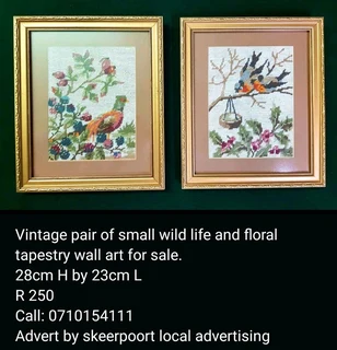 Vintage small pair of wild life and floral tapestry wall  art for sale