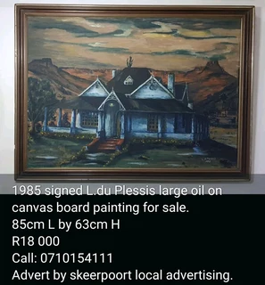 1985 signed L.duPlessis large oil on canvas board painting for sale.