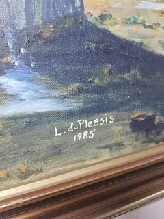 1985 signed L.duPlessis large oil on canvas board painting for sale.