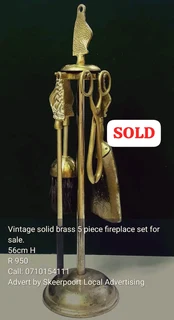 Vintage solid brass 5 piece fireplace set for sale