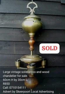 Large vintage brass and wood chandelier for sale