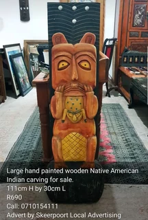 Large hand painted wooden Native American Indian carving for sale.