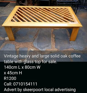 Vintage large and heavy solid oak coffee table with glass top for sale