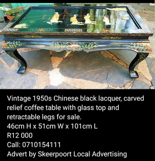Vintage 1950s Chinese lacquer,carved relief coffee table with glass top for sale.