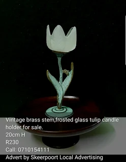 Vintage Brass stem, frosted glass tulip candle holder for sale
