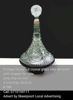 Vintage heavy cut crystal glass ship decanter with stopper for sale