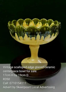 Vintage scalloped edge glazed ceramic centerpiece bowl for sale