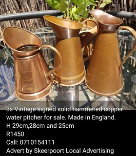 3x Vintage signed solid hammered copper water pitchers made in England for sale