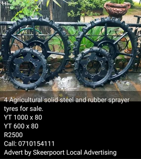 4x Agricultural solid steel and rubber sprayer tyres for sale
