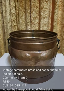 Vintage hammered brass and copper handled log bin for sale