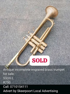 Antique incomplete engraved brass trumpet for sale