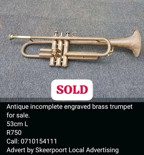 Antique incomplete engraved brass trumpet for sale