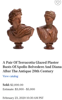 Antique terracotta glazed plaster busts of Greek God Apollo and Goddess Diana for sale