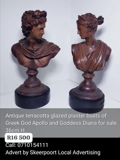 Antique terracotta glazed plaster busts of Greek God Apollo and Goddess Diana for sale