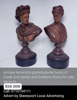 Antique terracotta glazed plaster busts of Greek God Apollo and Goddess Diana for sale