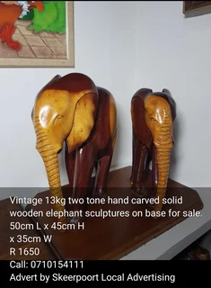 Large Vintage 13kg two tone hand carved solid wooden elephant  sculptures on base for sale