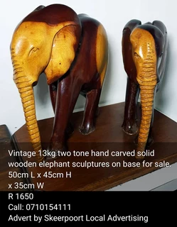 Large Vintage 13kg two tone hand carved solid wooden elephant  sculptures on base for sale