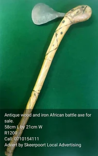 Antique wood and iron African battle axe for sale